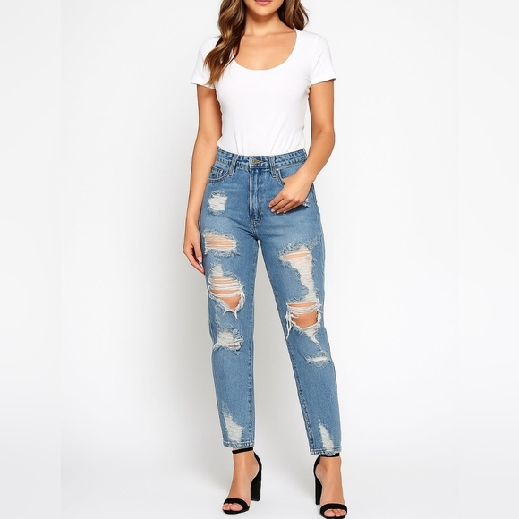 Juicy Couture Denim - Medium Blue Distressed Stretch Denim Jeans Size 28 New
